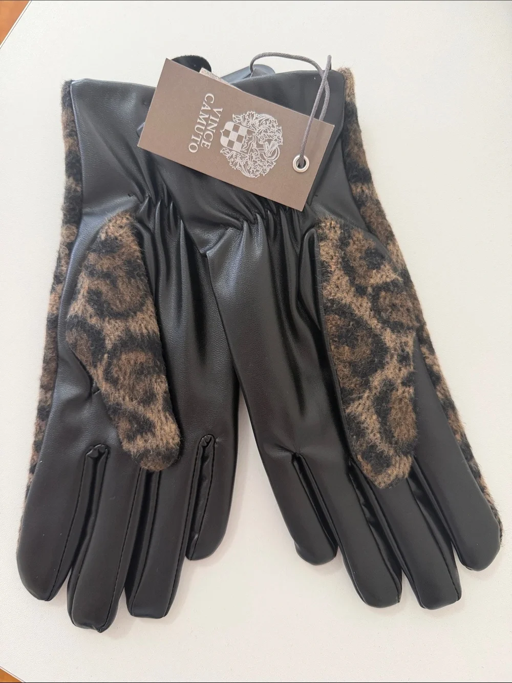 Vince Camuto Leopard Print Faux Fur Gloves - Brown & Black